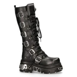 Bottes Hautes Coquées New Rock Metallic En Cuir Noir