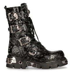 Bottes New Rock Metallic En Cuir Vintage Flower Noir