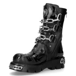 Bottes New Rock Metallic Itali Noir Et Skull En Cuir... -ALCHEMY GOTHIC shop bottes new rock metallic itali noir et skull en cuir noir verni avec clous et chaines 3