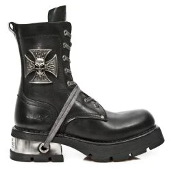 NEW ROCK Bottines Neo Biker En Cuir Itali Noir Avec Skull Et...
