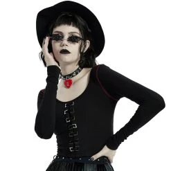 PUNK RAVE Crop Top à Manches Longues 'Katell' Noir Et Rouge -ALCHEMY GOTHIC shop crop top a manches longues katell noir et rouge 11