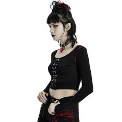 PUNK RAVE Crop Top à Manches Longues 'Katell' Noir Et Rouge -ALCHEMY GOTHIC shop crop top a manches longues katell noir et rouge 3
