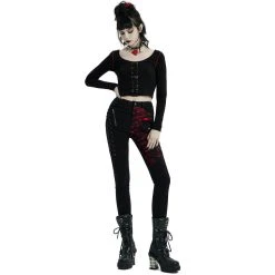 PUNK RAVE Crop Top à Manches Longues 'Katell' Noir Et Rouge -ALCHEMY GOTHIC shop crop top a manches longues katell noir et rouge 4