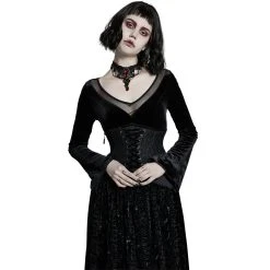 PUNK RAVE Longue Robe 'Cyrielle' En Velours Noir -ALCHEMY GOTHIC shop longue robe cyrielle en velours noir 10