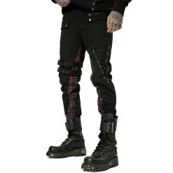 PUNK RAVE Pantalon 'Cynfael' Noir Et Tartan Rouge -ALCHEMY GOTHIC shop pantalon cynfael noir et tartan rouge 6