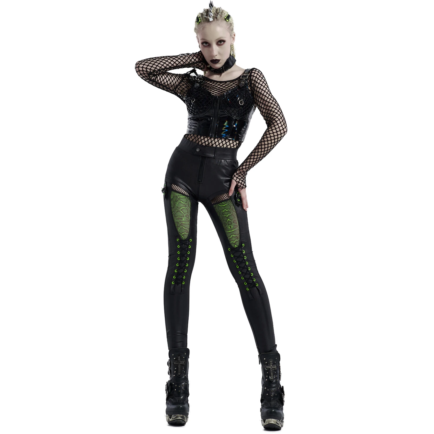 PUNK RAVE Pantalon 'Snake' Noir Et Vert Fluo 6 PUNK RAVE Pantalon 'Snake' Noir Et Vert Fluo – Image 4