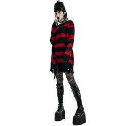 PUNK RAVE Pull 'Dark Doll' à Rayures Rouges Et Noires -ALCHEMY GOTHIC shop pull dark doll a rayures rouges et noires 4