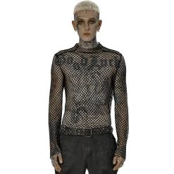 PUNK RAVE T-Shirt Manches Longues 'Xanthus' En Résille Noire -ALCHEMY GOTHIC shop t shirt manches longues xanthus en resille noire 1