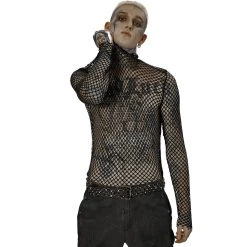 PUNK RAVE T-Shirt Manches Longues 'Xanthus' En Résille Noire -ALCHEMY GOTHIC shop t shirt manches longues xanthus en resille noire 4