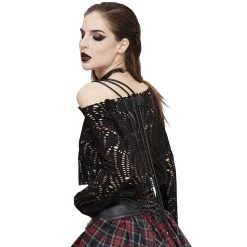 DEVIL FASHION Top 'Punk Hollow Out' Noir à Manches Longues -ALCHEMY GOTHIC shop top punk hollow out noir a manches longues 3