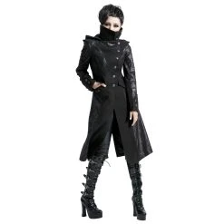 PUNK RAVE Veste Longue Noire 'Black Dragon' Avec Capuche... -ALCHEMY GOTHIC shop veste longue noire black dragon avec capuche pointue amovible 26